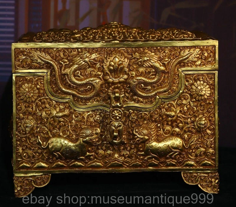 12.4" Old Tibet Bronze Inlay Silver Gilt Dynasty Dragon Jewelry Storage Box - Image 1 of 4