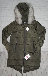 DKNY NWT Womens Cold Weather Full Zip Puffer Jacket XS Black Faux Fur Hooded New - Picture 1 of 8