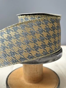 d. stevens Luxury Ribbon Gold And Gray Blue Houndstooth Print 2.5" x 10 Yd - Picture 1 of 4