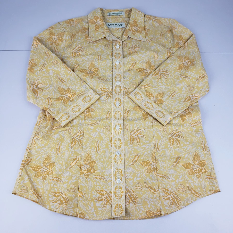 Blusa para mujer Orvis talla 10 floral amarilla manga 3/4 camisa con botones Foto 1 de 4