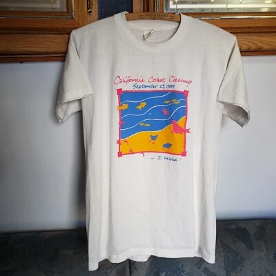 Camiseta masculina vintage California Coast Cleanup média branca ponto único anos 80 voluntária  - Imagem 1 de 4