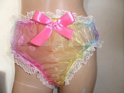 KIMBERLYSECRET RAINBOW MULTI ORGANZA KNICKERS IVORY LACE TRIM SATIN BOW 28-45" WAIST