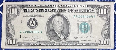 Series 1990 US One Hundred Dollar Bill $100 Boston Serial # (A 42064004 A) - Image 1 of 2