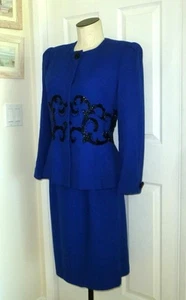 Nolan Miller Vtg 80s Dynasty Royal Blue Wool/Black Beaded Skirt Suit 14 M L EUC - Picture 1 of 20