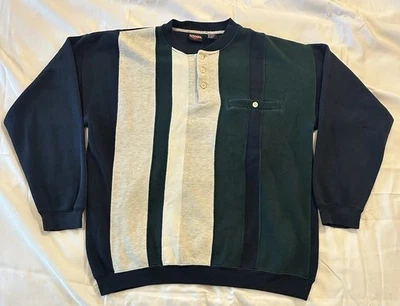 Vintage Winner Pullover Sweater Mens Large Green Blue Striped Retro 1/4 Button - Image 1 of 4
