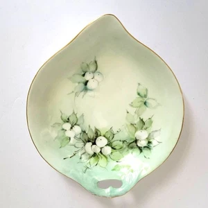 Vintage deutsche handbemalte Schmuckschale grün weiß Beeren Cottagecore signiert - Bild 1 von 11