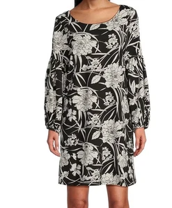 NWT BRYN WALKER L  Modal Ponti Floral Round Neck Long Sleeve Lantern Dress - Picture 1 of 7