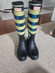 Größe 7 - Hunter Original hohe gewebte Stiefel Stiefel blau schwarz türkis gelb - Bild 1 von 9