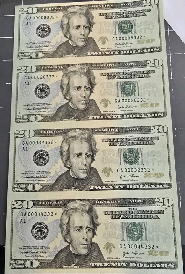 Series 2004 A 4 Subject Uncut Sheet $20 Federal Reserve Star Notes 5 Digit S/N - Image 1 of 2