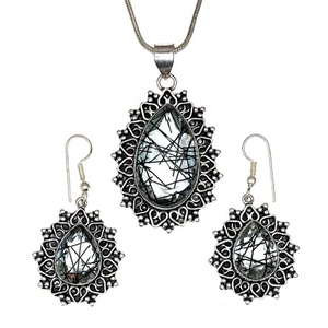 Black Rutile Set  Pendant  Jewelry Earring 18-20'' Gemstone Handmade - Picture 1 of 12