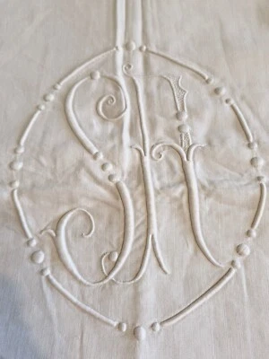 Ancien drap en fil monogramme SA jours  drap 04 ref 906 - Photo 1/4