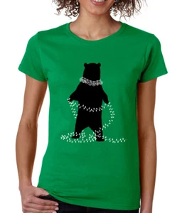 BLACK CHRISTMAS BEAR lights decorations present gift Women's crew neck T-Shirt - Picture 1 of 4