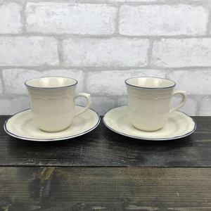 Vtg Japan Stoneware Dainty Tea Cups And Saucers Blue Trim Set Of 2 Total 4 Piece - Picture 1 of 7