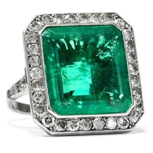 Glamorous Retro Style Huge Square Shape Green Emerald With Halo White CZ Ring - Picture 1 of 7