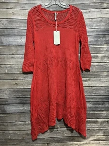 Monoreno Women's NWT Shirt Top Fuchsia Open Knit Tunic 3/4 Sleeve High Low Sz L - Picture 1 of 10