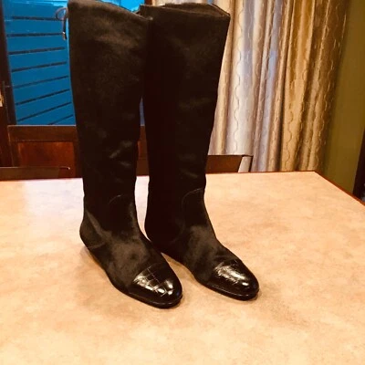 MIGLIORINI Knee High FLAT Calf Hair Boots, BLACK, Women’s 10 - Image 1 of 4