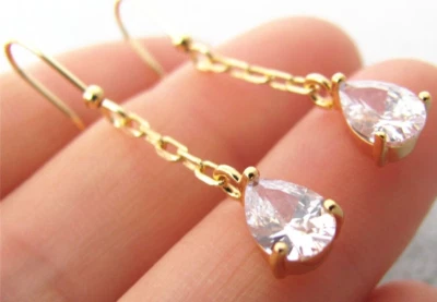 Rhinestone Teardrop Charm Hook Earrings Ear Daily 14K Gold Drop Dangle Earing - Image 1 of 4