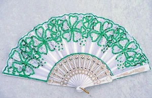 White Rim Floral Sequined Pattern Asian Chinese Japanese Hand-held Folding Fan - Picture 1 of 7