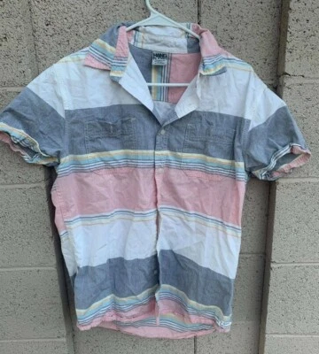 Hang Ten Men M Casual Button Up Shirt Striped Short Sleeve Cotton Pink, Gray - Image 1 of 4
