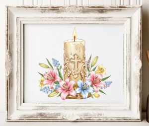 Impresión de arte cristiano, decoración de arte de pared de velas florales, impresión de arte religioso #759 - Imagen 1 de 2