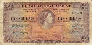 Bermuda  5/-  20.10.1952  P 18a  Series  L/1  Que. II  Circulated Banknote G10 - Picture 1 of 2