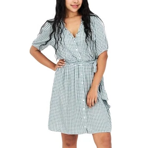 Market & Spruce Checkered Mini Dress Size Large Green White Gingham Plaid Belted - Picture 1 of 8