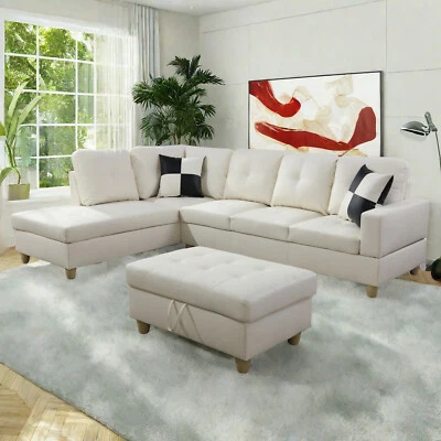 White Sectional Sofa w/ Storage Ottoman L-Shaped Living Room Faux Leather Couch - Image 1 of 4
