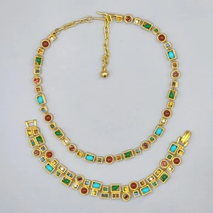 Arthur Pepper ART Multi Color Rhinestone Gold Tone Tile Bracelet 7" Necklace 16" - Picture 1 of 15