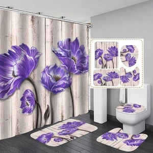 4pcs set Bathroom Shower Curtain Non-slip Bath Mat Toilet Seat Cover Non Slip - Picture 1 of 2