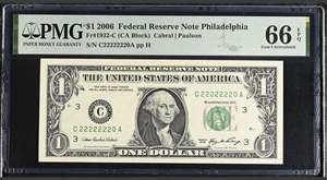 2006 $1 PMG 66 EPQ ⭐ Fancy Serial C22222220A Seven 2’s • 7 of a Kind Near Solid - Picture 1 of 3