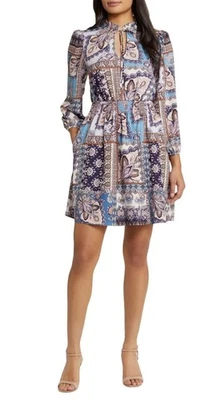 Vince Camuto Womens Blue Multi Paisley High Tie Neck Long Sleeve Dress Sz 10 New - Image 1 of 4