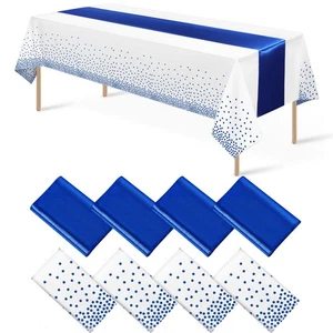 8Pack Disposable Plastic Tablecloths and Satin Table Runner White and Royal B... - Picture 1 of 7