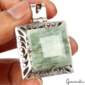 29,41 gm Smeraldo Verde Naturale Argento Sterling Massiccio Taglio Quadrato Ciondolo Gioielli - Foto 1 di 11