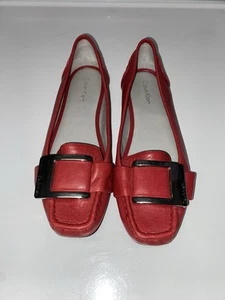 Calvin Klein Monet Women's Red Leather Buckle Shoes Loafer Flats 5.5 M RUN SMALL - Picture 1 of 9
