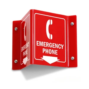 EMERGENCY PHONE 2-SIDED PROJECTING RED TRIANGLE EMERGENCY PRE DRILLED WALL SIGN - Picture 1 of 1