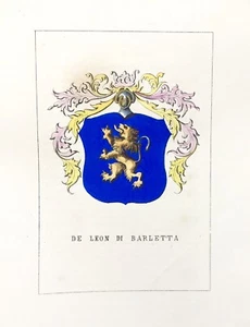 1882 ARALDICA STEMMA FAMIGLIA DE LEON BARLETTA Litografia  - Picture 1 of 1