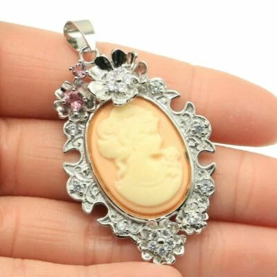 Colgande Argento Con Cameo Una Signora, Morganite Rosa, Onice , E Zirconia Cubic - Immagine 1 di 2