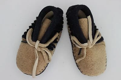 TOT MOX Infant BABY MOCCASINS Pa-Poo-Shu ~Navy Blue & Tan ~Size 2~ Booties~ - Image 1 of 4