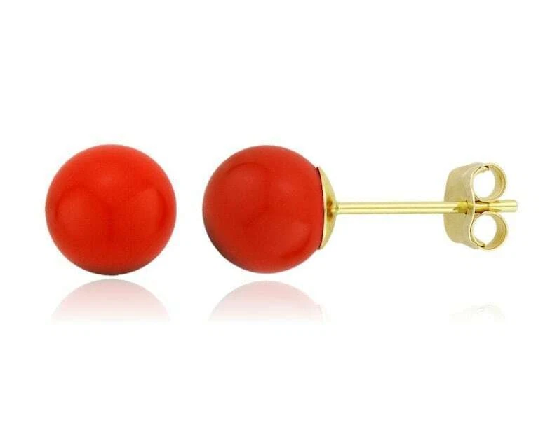 14K Solid Gold Orange Coral Ball Push Back Studs Earrings - Image 1 of 1