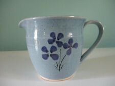VTG Stoneware Pottery Pitcher Vase Hand Thrown Glazed Blue with Flowers Signed