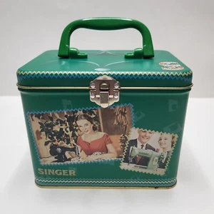 Vintage Singer Sewing Machine Tin Lunch Box Green Crafts Container With Handle - Picture 1 of 7