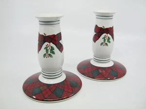 2 Charles Roberts Tartan Candlesticks 5.25" Red Green Plaid Candle Arita Sasaki - Picture 1 of 3