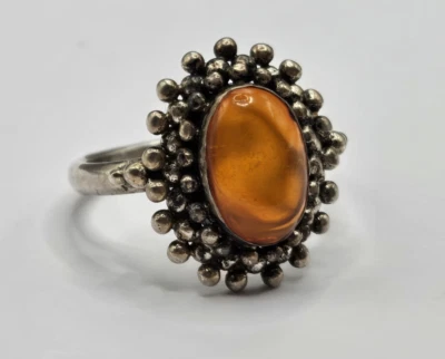 Винтажное кольцо из стерлингового серебра с галькой или бисером овальный коричневый янтарь размер 9 - Изображение 1 из 4