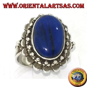 Bague en Argent 925‰ Avec Lapis-Lazuli Ovale Grand Entouré De Billes - Imagen 1 de 2