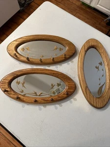 3 Vintage MCM Solid Wood Oval Wall Mirror W/ Pegs Gold Humming Birds & Flowers - Picture 1 of 9