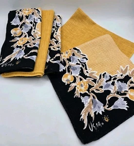 1970s Vera Neumann Cloth Napkin Gold-Black Floral Print/Coordinating Gold S/5 - Picture 1 of 9