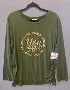 Neu mit Etikett Free Kisses Damen 2X Langarm gerafftes Affirmation T-Shirt mit Kordelzug - Bild 1 von 4