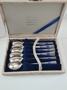 KOREAN 70% Silver Small Spoon Set Blue Enamel Design Handle Mitopa Dept 64g - Picture 1 of 8
