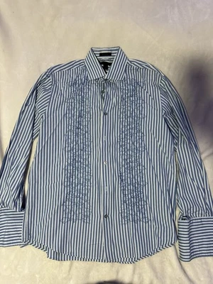 Men’s Express Blue/White Striped Long Sleeve Size Large Button Up Shirt - Image 1 of 4