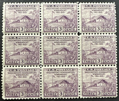 US 1933 Scott # 727 Block of 9 MNH Peace Issue Washington's HQ Newburgh, NY - Image 1 of 2
